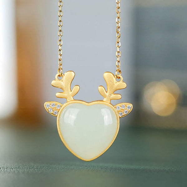 New design inlaid zircon hetian jade heart-shaped elk antler necklace pendant