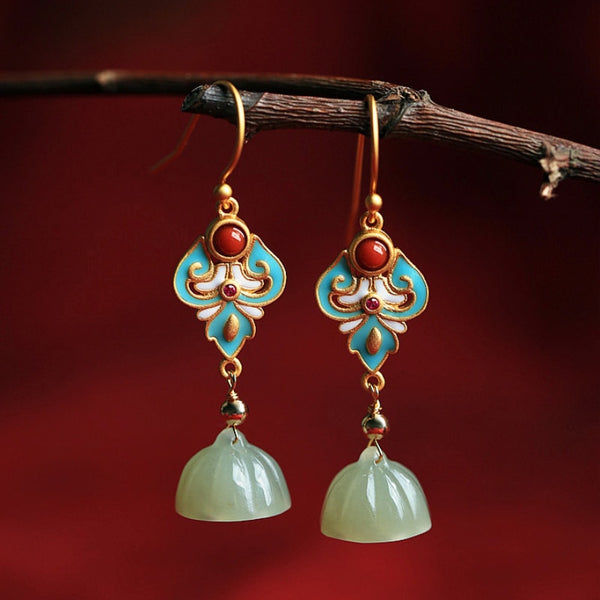 Ancient gold craft Courtly style natural Hetian jade lotus enamel earrings for women