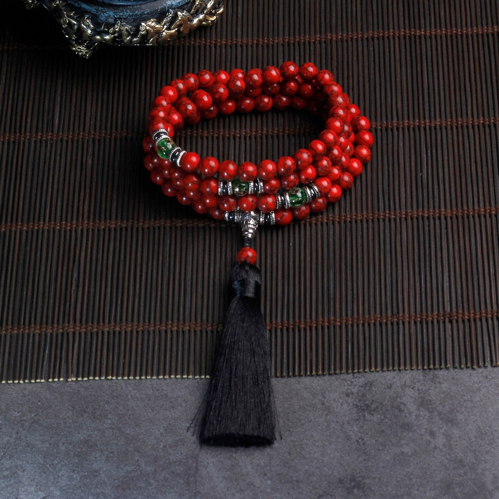 Red Pine Stone Beads necklace 108 suitcase with tassel