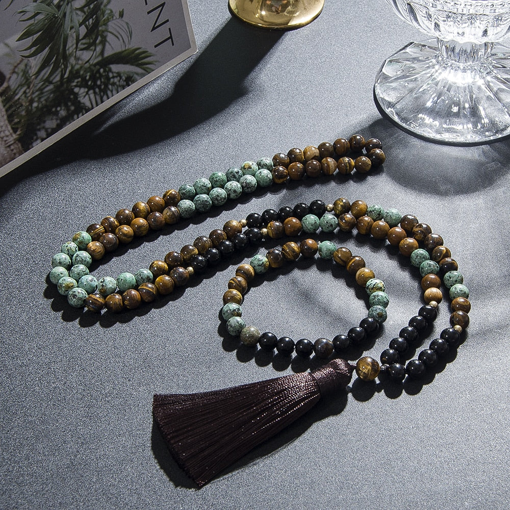 8mm Natural Tiger Eye African Turquoise Black Onyx Beaded Japamala Necklace