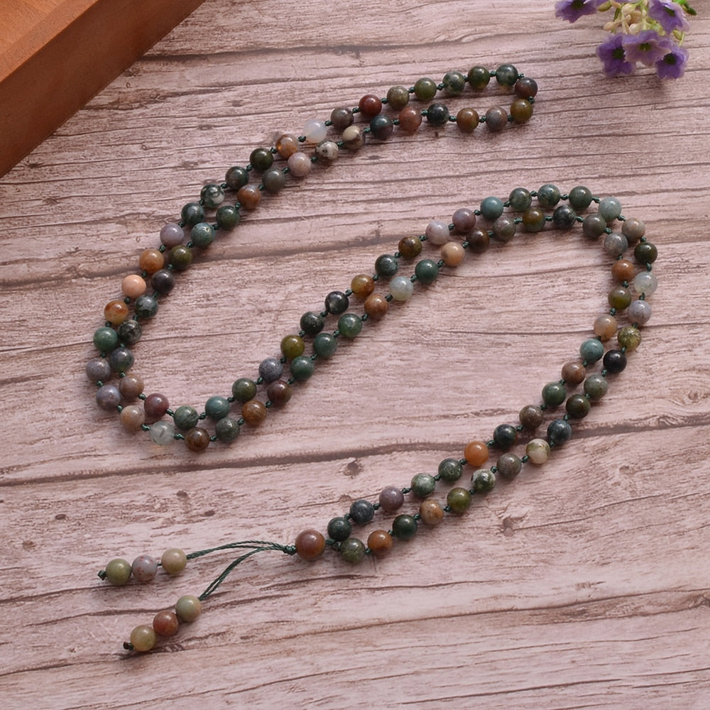 8mm Indian Agate Knotted 108 Mala Prayer Bead Necklace