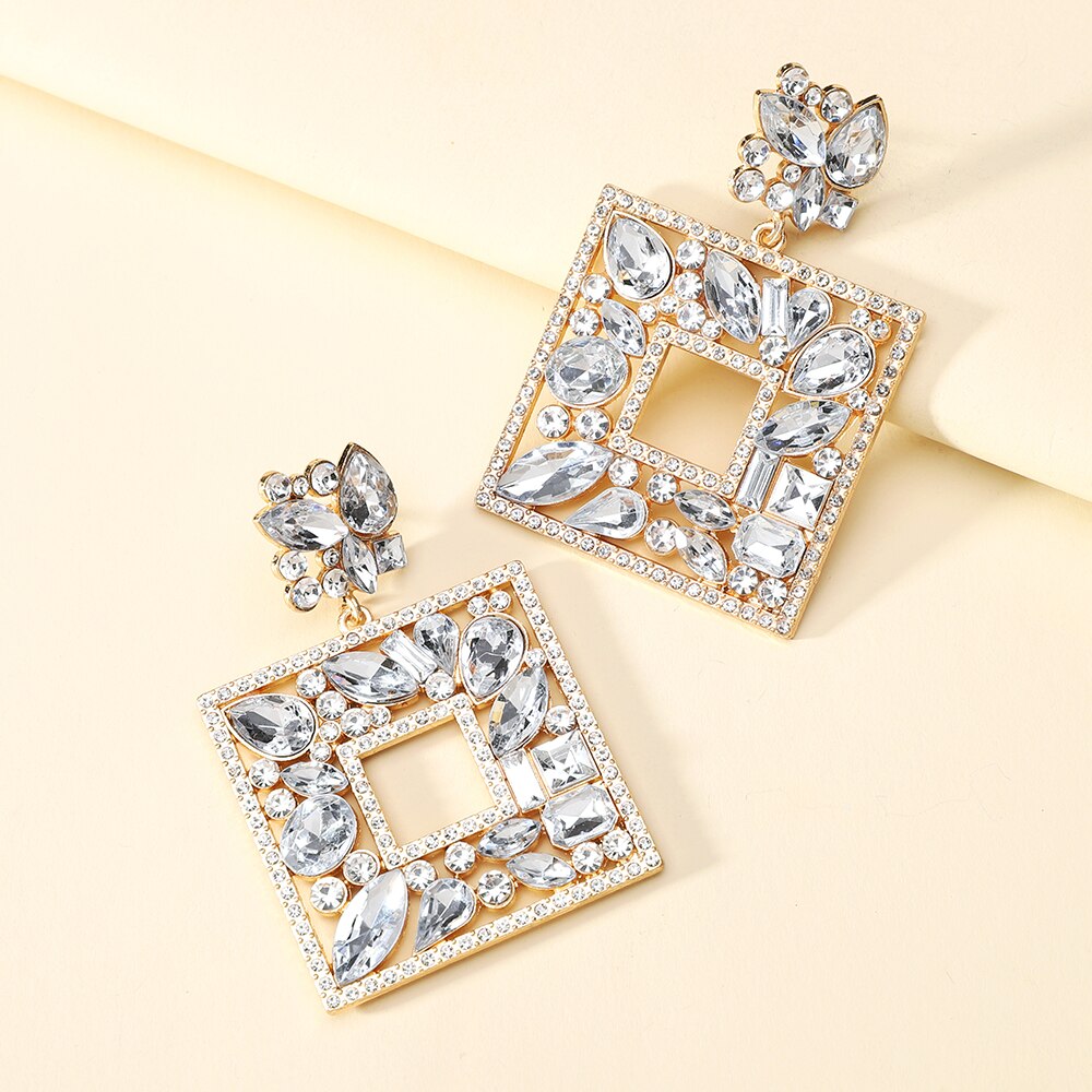 New Square Colorful Crystal Big Dangle Drop Earrings For Women