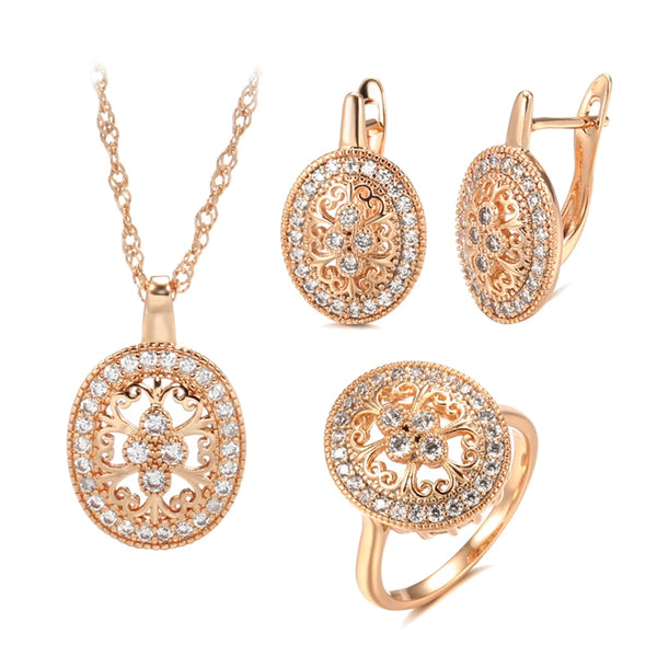 Hot Fashion 585 Rose Gold Crystal  Flower Necklace Earrings Ring Sets for Women