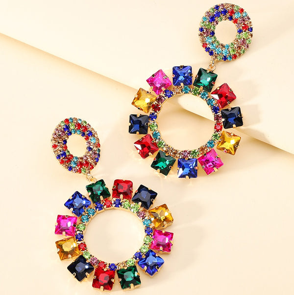 Bohemian Fashion Colorful Crystal Round Big Dangle Earrings For Women