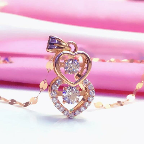 585 Purple Gold Double Heart Pendant 14K Rose Gold Shiny Crystal Necklace