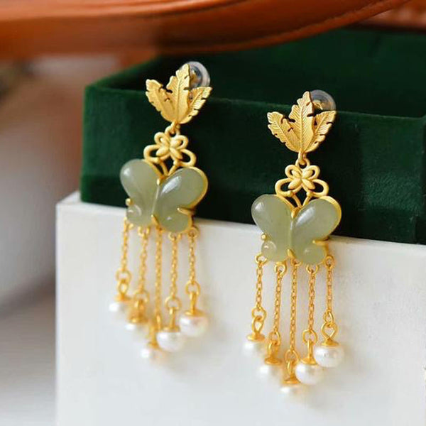 Silver inlaid natural Hetian chalcedony butterfly Tassel Earrings