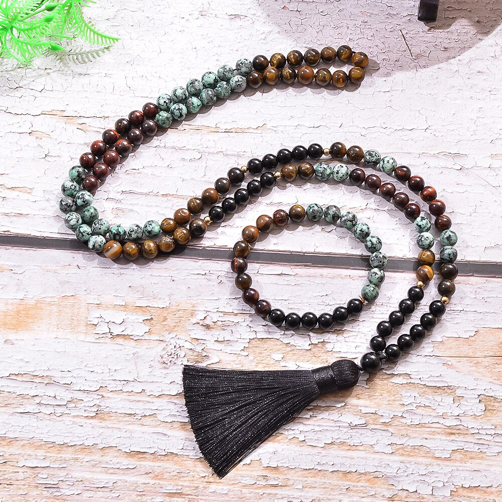 8mm African Turquoise Tiger Eye Stone Black Onyx Beaded 108 Mala Necklace Bracelet Set