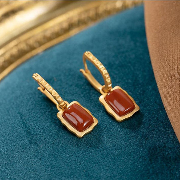 Ancient gold craftsmanship inlaid with southern red tourmaline rectangular geometric earrings