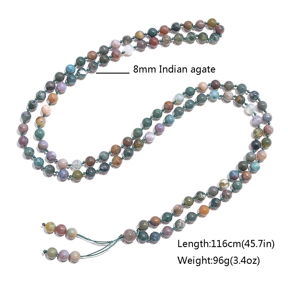 8mm Indian Agate Knotted 108 Mala Prayer Bead Necklace