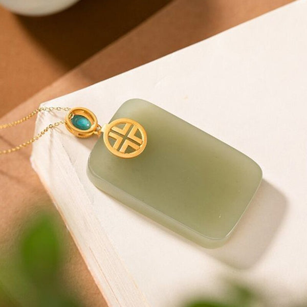 gold craftsmanship inlaid rectangular natural Hetian jade necklace pendant