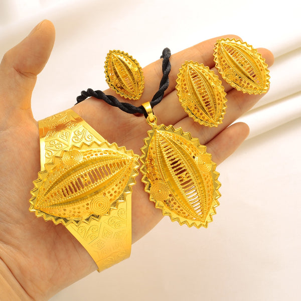 24k Ethiopian Big Pendant Clip Earringsring Bangle  Women Jewelry Sets