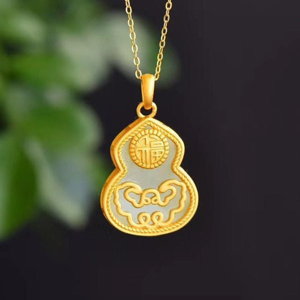 Original Design Natural Hetian White Jade Ping An Ruyi Gourd Pendant Necklace