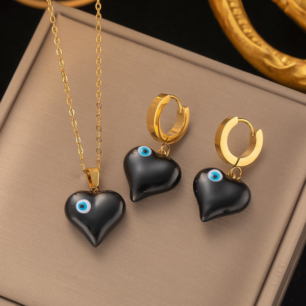 Gold Color Turkey Blue Evil Eye Heart Pendant Necklace Earrings For Women