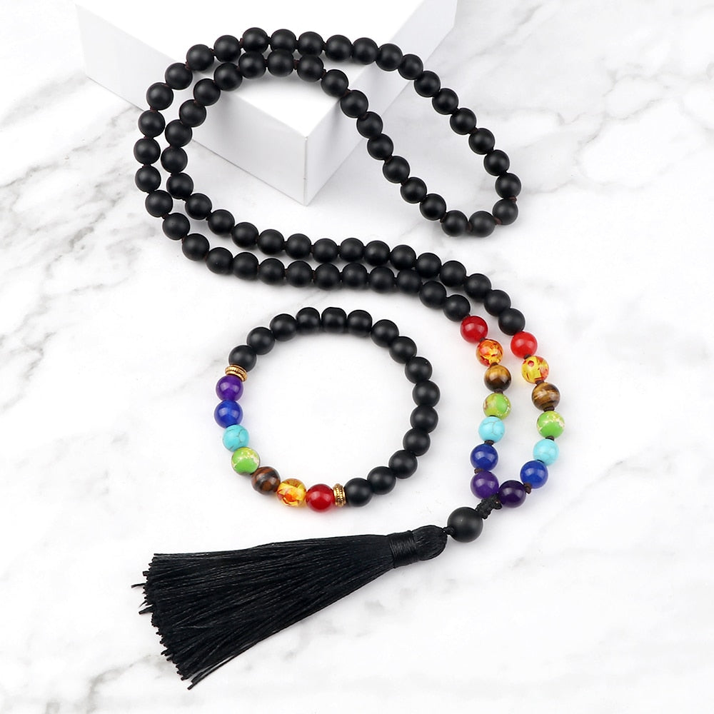 2pcs/set Men Black Onyx Beaded 7 Chakra Bracelets Necklaces