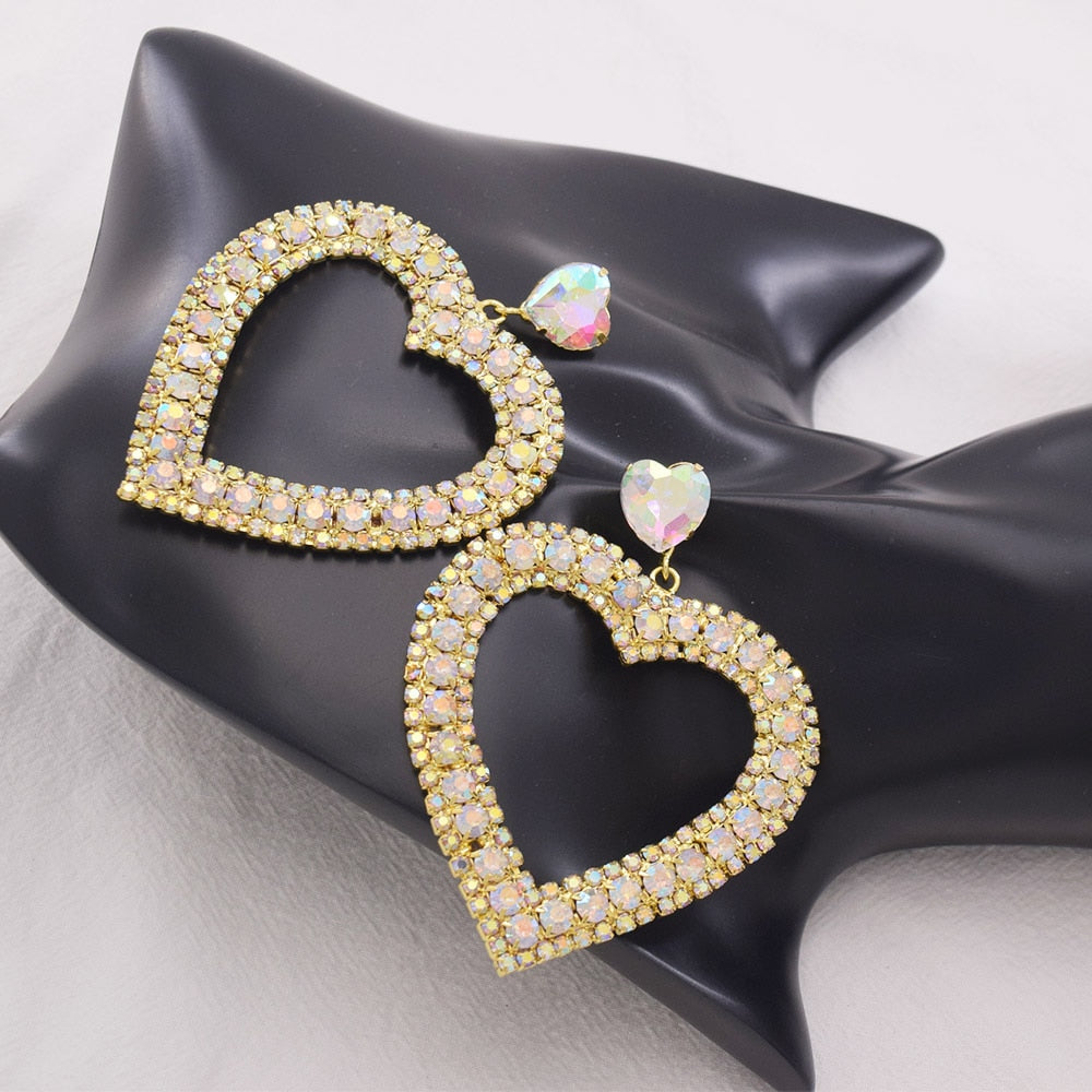 8.5cm Big Dangle Heart Earrings for Women Wedding Jewelry AB Rhinestones Crystal Cute Gift