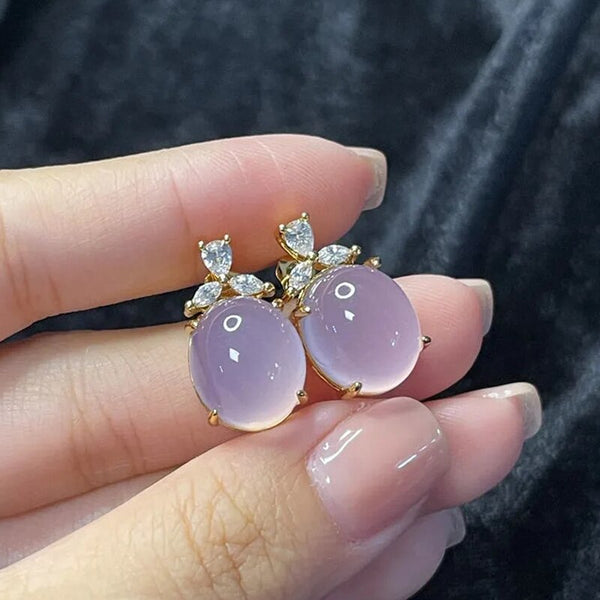 Original Design Natural High Ice Romantic Violet Chalcedony Oval Earrings