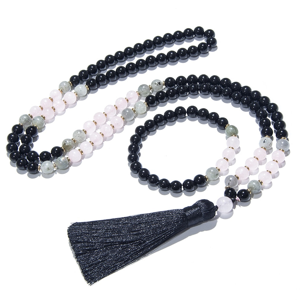 8mm Black Onyx Rose Quartz Labradorite Beaded 108 Japamala Necklace