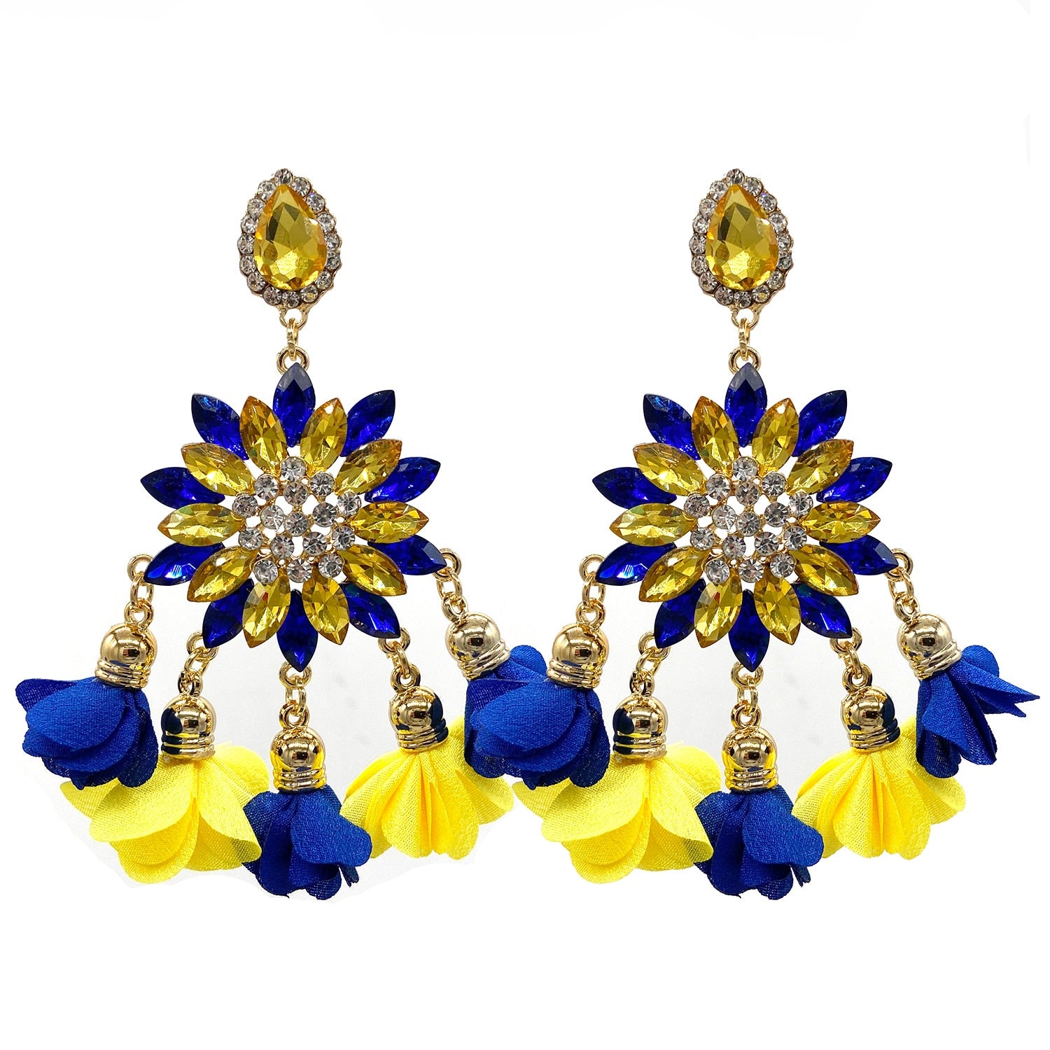 Multicolor Drop Earrings For Women Luxury Rhinestones Crystal Dangle Tassel Flower Big Earrings