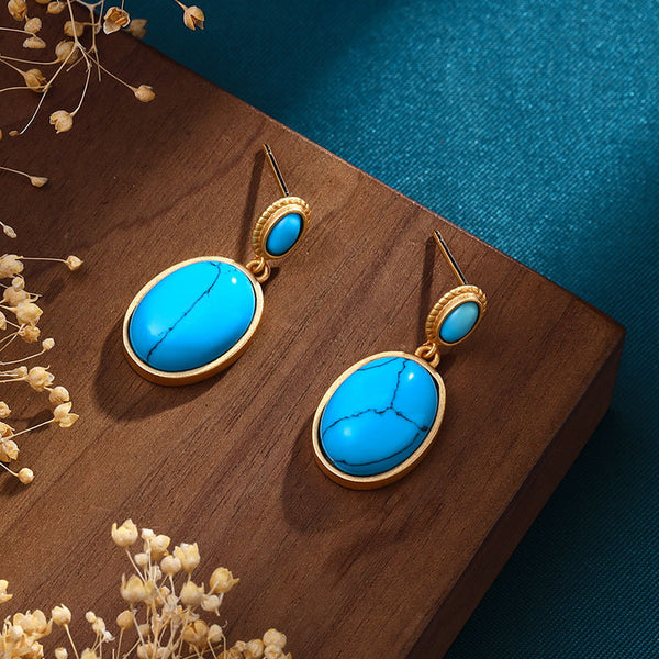 Classic design Ancient gold craft inlaid with oval turquoise earings