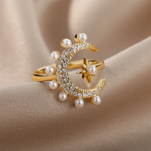 Open Moon Star Pearl Rings For Women