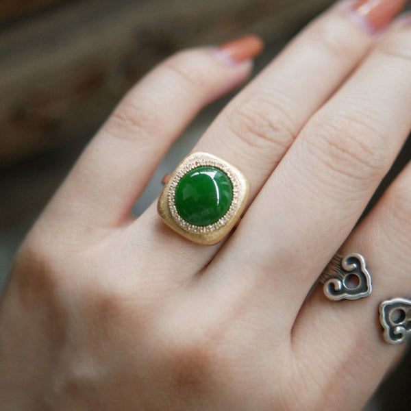 Vintage style Ancient gold wire drawing crafts Natural Jade Chalcedony Green Rings