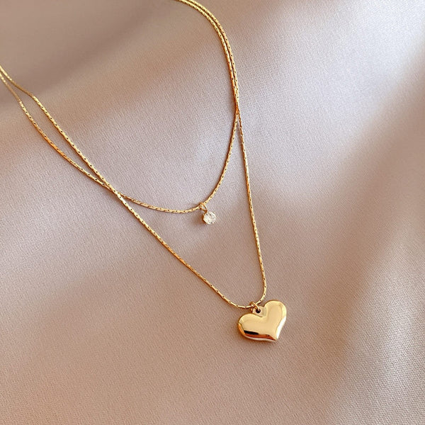 Double Layer Heart Snake Chain Pendant Multilayer Chain Choker Necklace