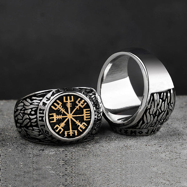 Vintage Nordic Stainless Steel Compass Ring Men's Viking Symbol Aegishjalmur Ring