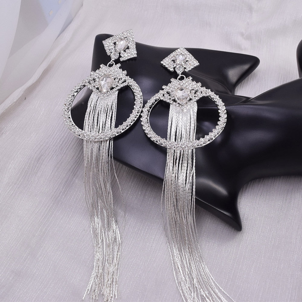 24cm Long Silver Tassel Earrings for Women