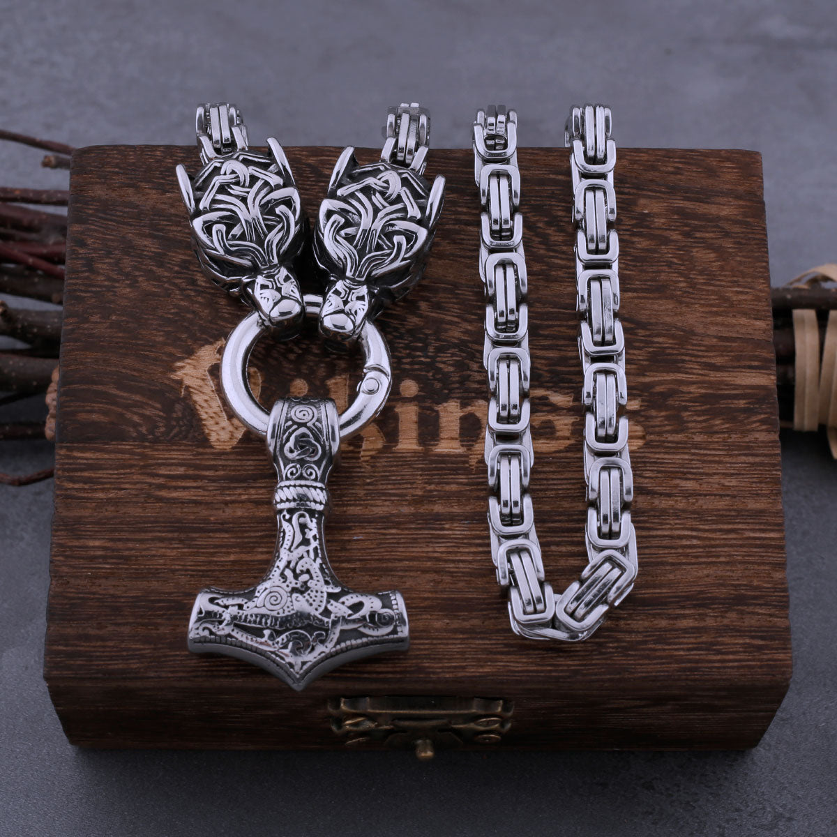 Viking Stainless Steel Wolf Head Thor's Hammer Set Necklace Punk Men's