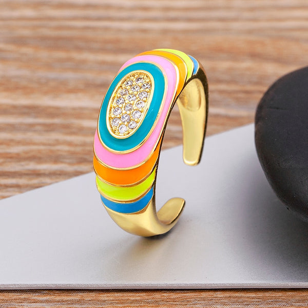 Original Design Rainbow Enamel Dripping Oil Adjustable Rings For Women