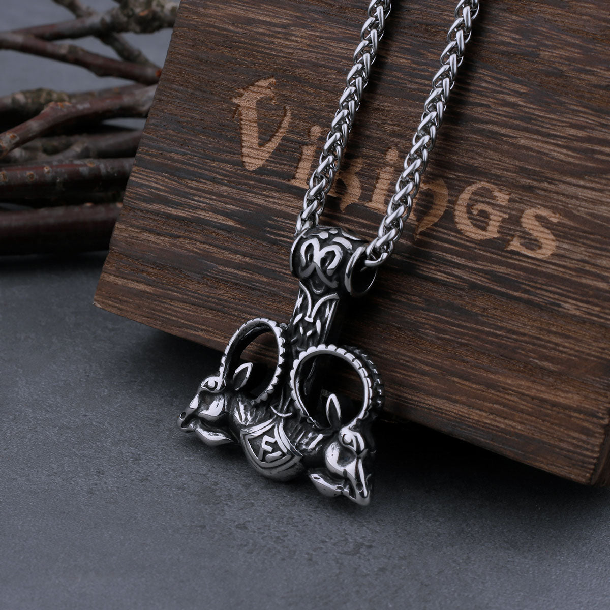 Nordic Viking Thor's Hammer Mjolnir Norwegian Rune Necklace Ram Animal Pendant