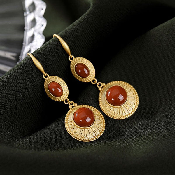 new ancient gold craftsmanship inlaid South red tourmaline earrings for women