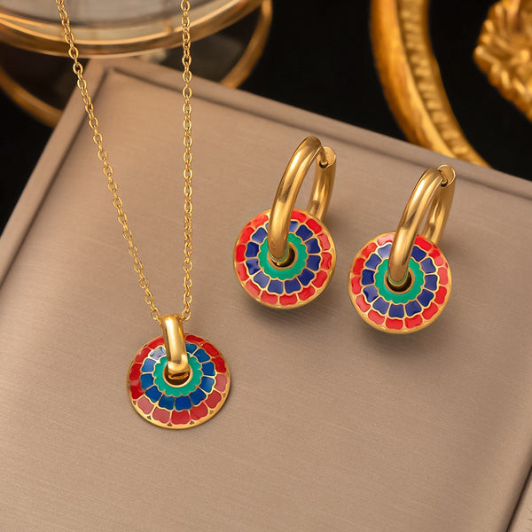 Luxury Jewelry Set Bohemain Colorful CiRcle Pendant Necklace Earrings For Women