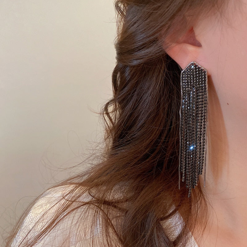 Long Tassel Drop Earrings for Women Gold Color Black Rhinestone Dangle Earrings