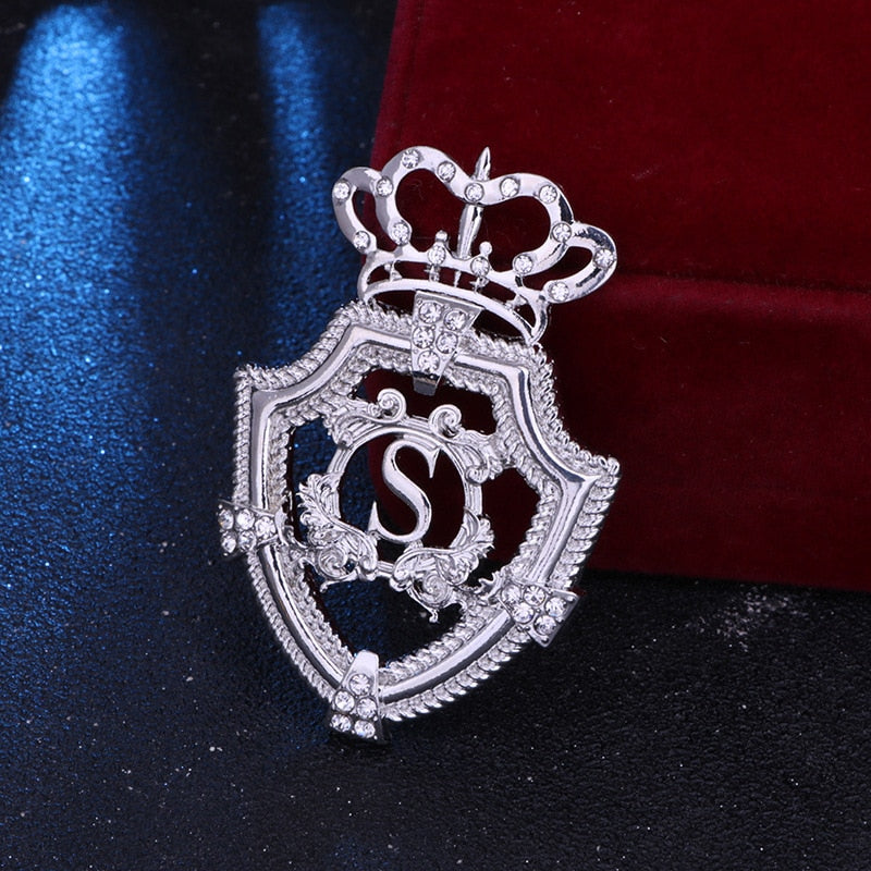 New Metal Crystal Crown Brooch English Letter Gold Silver Color Lapel Pins Men