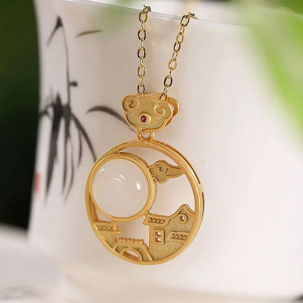 SNew Silver Inlaid Natural Hotan White Jade Pendant Round Necklace