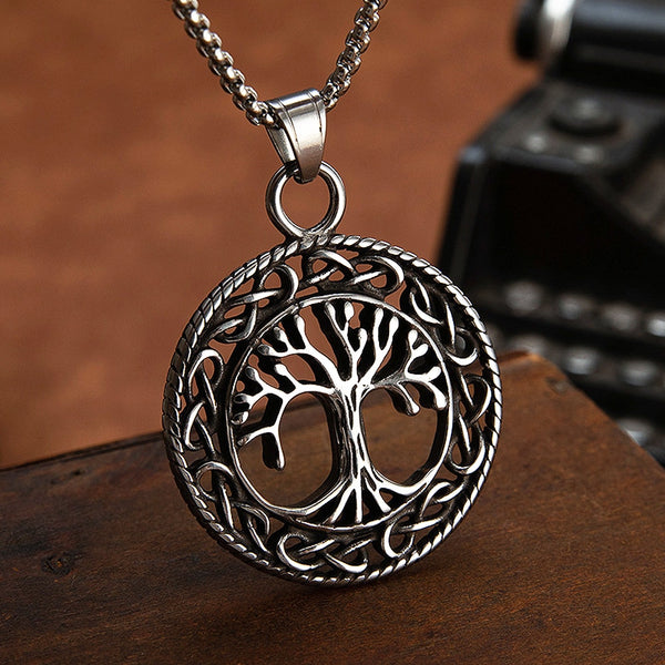 Vintage Stainless Steel Tree of Life Pendant Nordic Mythology Odin Celtics Knot Necklace