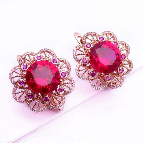 585 Purple Gold Ruby Flower Earrings for Women