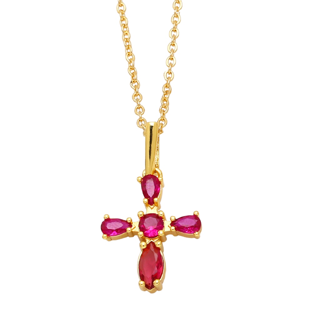 Small Green Crystal Cross Necklace for Women Copper CZ Rhinestone Short Chain Necklaces