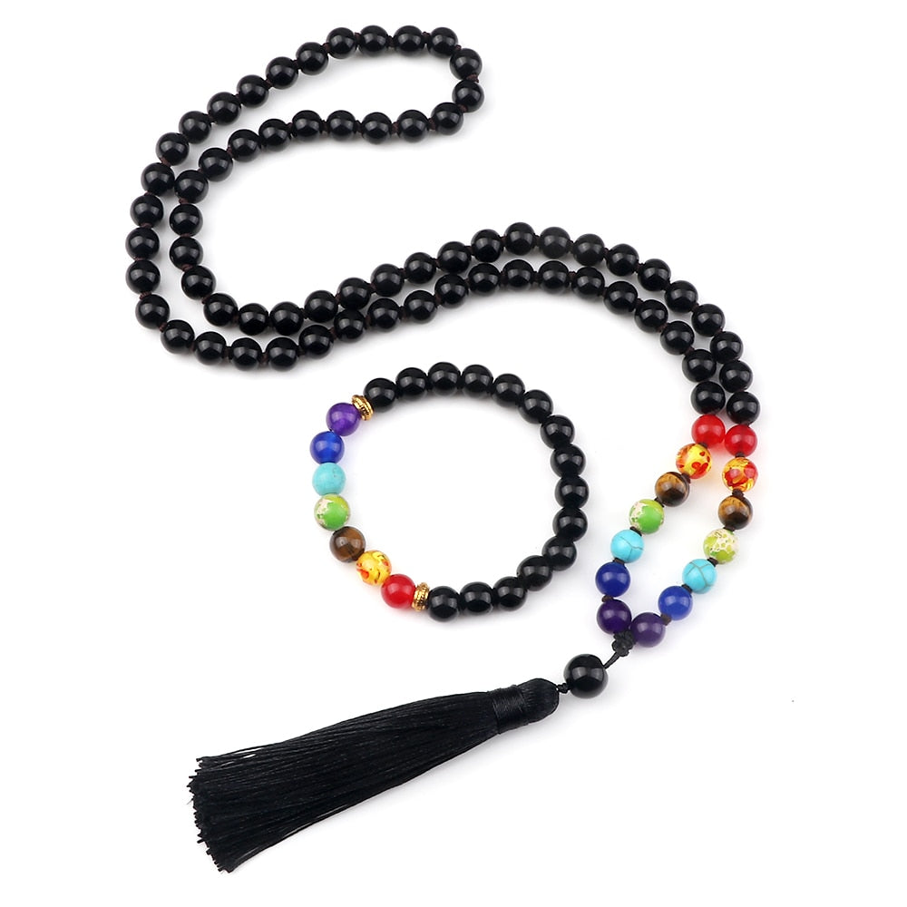 2pcs/set Men Black Onyx Beaded 7 Chakra Bracelets Necklaces