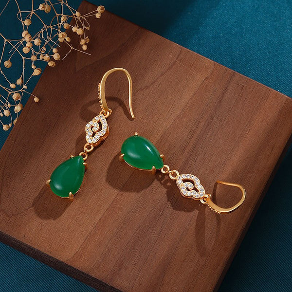 New in Ancient gold craft inlaid crystal natural Hotan jasper earings for women