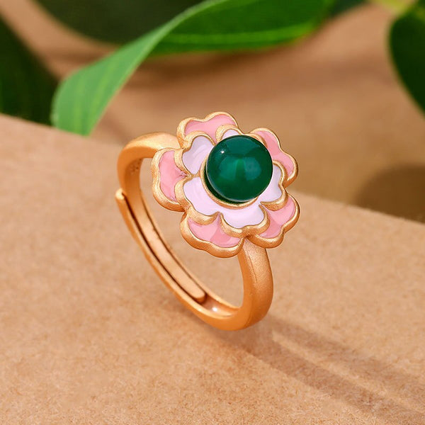 Palace style enamel pink flowers classic natural Hotan jasper beads rings for women