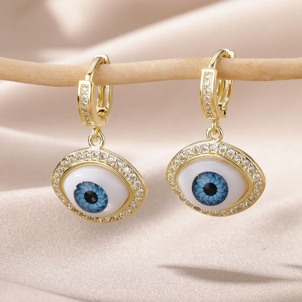 Hiphop Evil Eye Blue Rhinestone Drop Earrings For Women