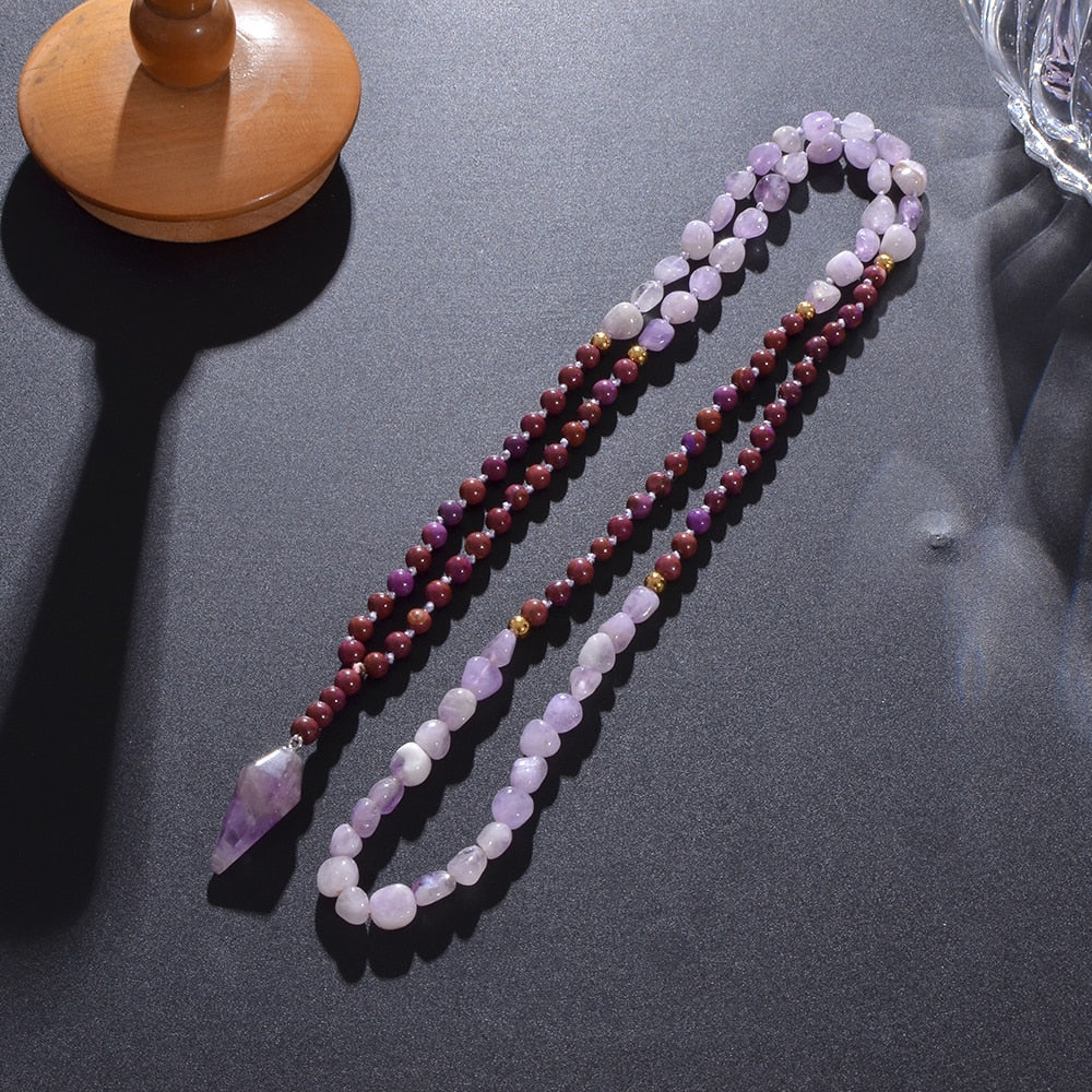 Irregular Natural Amethyst Bead Knot 108 Mala Necklace