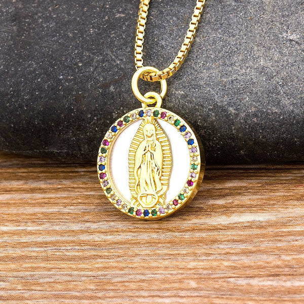 New Copper Zircon Colorful Crystal Virgin Mary Pendant Chain Necklace For Women