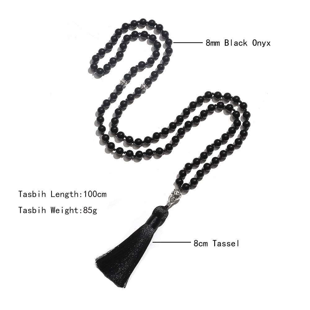 Islamic Muslim Tasbih Prayer 99 Beads  Rosary 8mm Black Onyx Knotted Necklace Bracelet