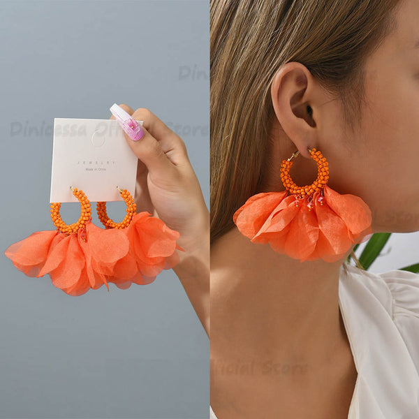 Fashion Rose Flower Petal Cotton Beaded Big Dangle Earrings For Women