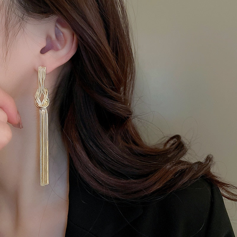 New Metal Long Tassel Chinese Knot Earrings