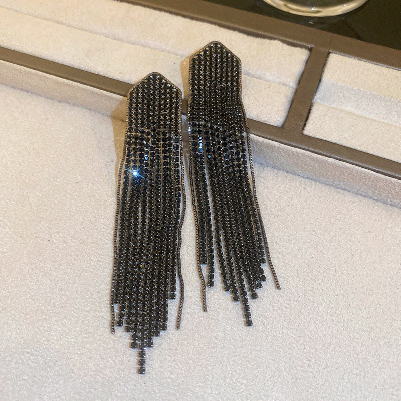 Long Tassel Drop Earrings for Women Gold Color Black Rhinestone Dangle Earrings