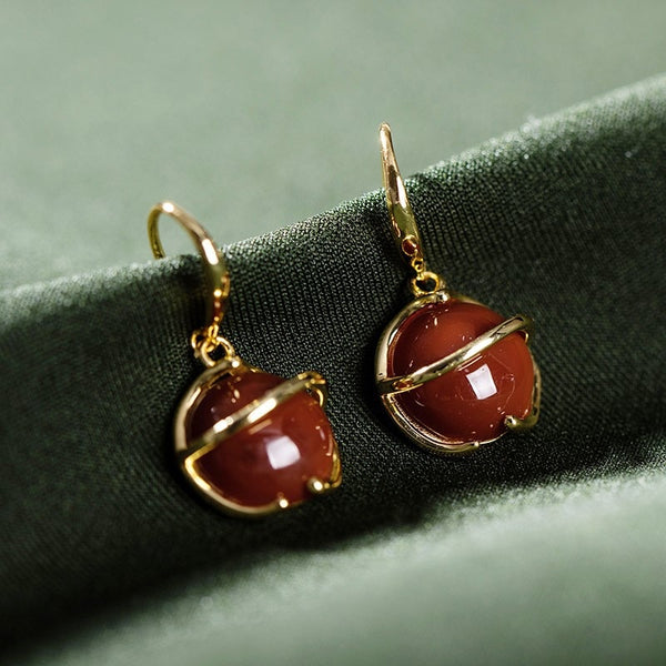 Ancient gold craftsmanship inlay vintage Southern red tourmaline round earrings for women